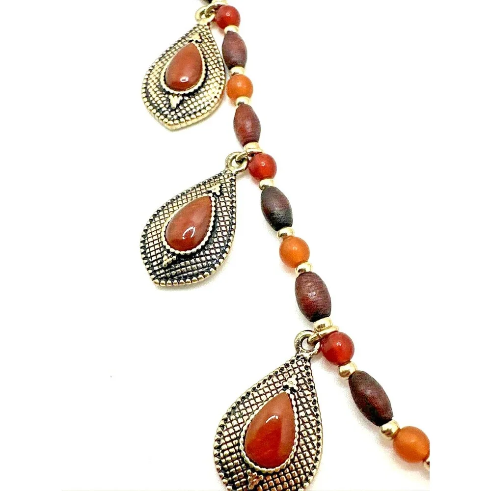 Chaps Necklace Wood Bead Earth Tone Red Dangle Statement Boho 18-20